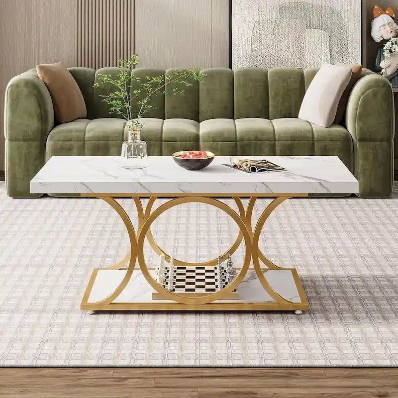 Table basse rectangulaire de 47,24 pouces, 2 niveaux, en faux marbre moderne