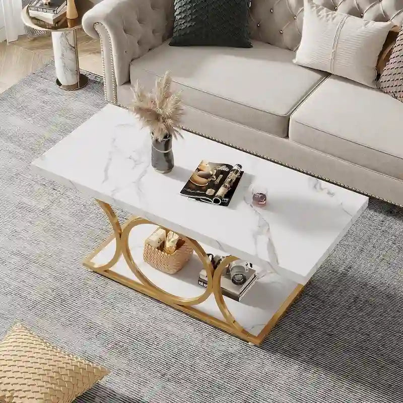 Table basse rectangulaire de 47,24 pouces, 2 niveaux, en faux marbre moderne