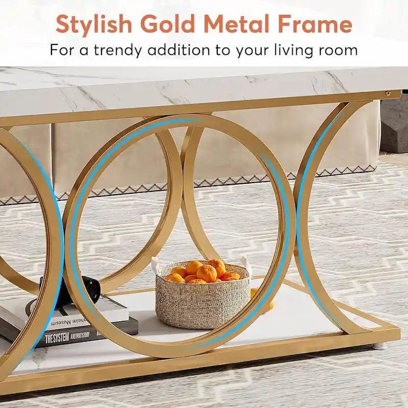 Table basse rectangulaire de 47,24 pouces, 2 niveaux, en faux marbre moderne