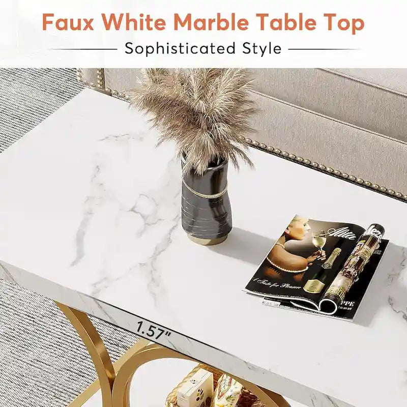 Table basse rectangulaire de 47,24 pouces, 2 niveaux, en faux marbre moderne