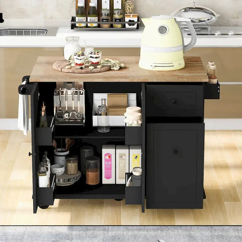 Rubberwood Kitchen Cart with Drop Leaf, Internal Storage Rack, and 2 Drawers