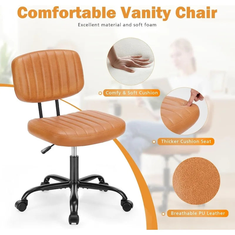 Petite chaise de bureau, Chaise de maquillage pivotante et roulante en cuir PU, mignonne et confortable, sans accoudoirs, pour adulte et étudiant