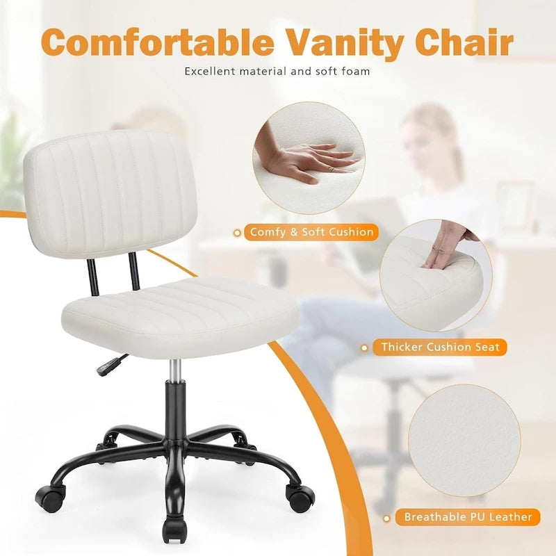 Petite chaise de bureau, Chaise de maquillage pivotante et roulante en cuir PU, mignonne et confortable, sans accoudoirs, pour adulte et étudiant