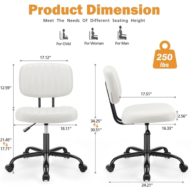 Petite chaise de bureau, Chaise de maquillage pivotante et roulante en cuir PU, mignonne et confortable, sans accoudoirs, pour adulte et étudiant