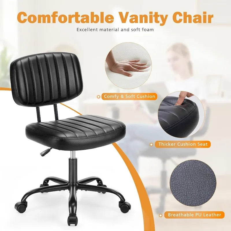 Petite chaise de bureau, Chaise de maquillage pivotante et roulante en cuir PU, mignonne et confortable, sans accoudoirs, pour adulte et étudiant