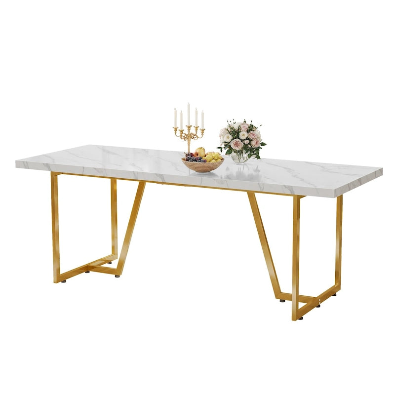 Table à manger rectangulaire en faux marbre de 208 cm pour 8-10 personnes avec pieds en métal
