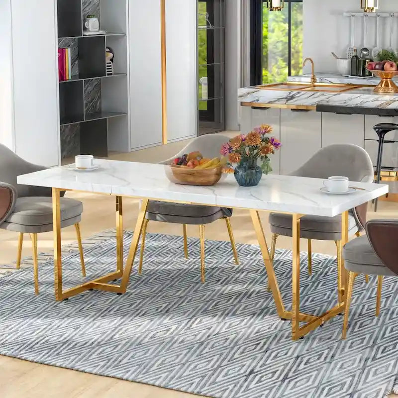 Table à manger rectangulaire en faux marbre de 208 cm pour 8-10 personnes avec pieds en métal