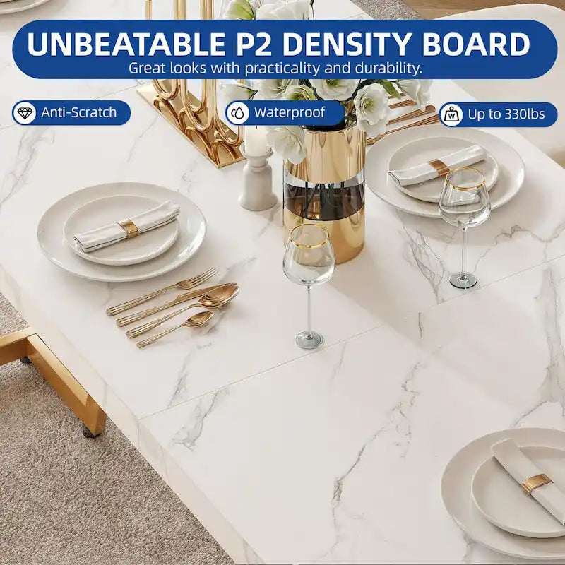 Table à manger rectangulaire en faux marbre de 208 cm pour 8-10 personnes avec pieds en métal