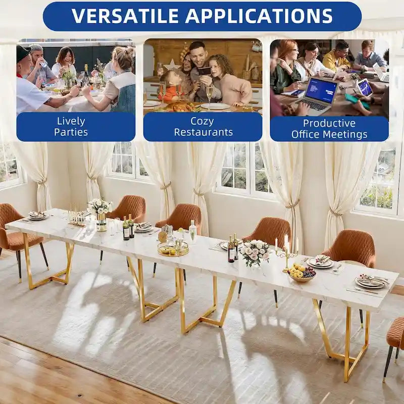 Table à manger rectangulaire en faux marbre de 208 cm pour 8-10 personnes avec pieds en métal