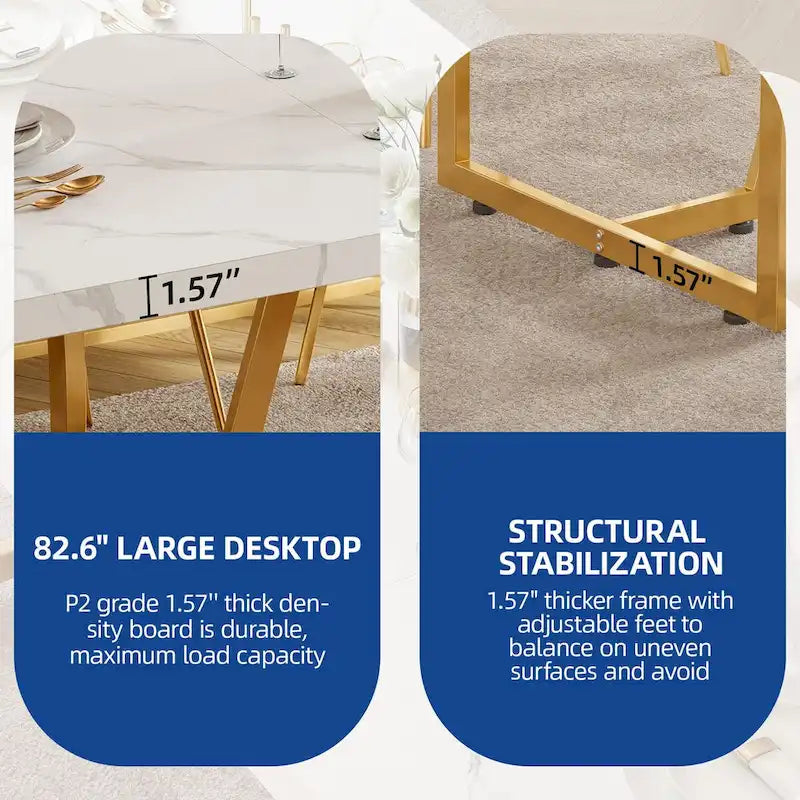 Table à manger rectangulaire en faux marbre de 208 cm pour 8-10 personnes avec pieds en métal