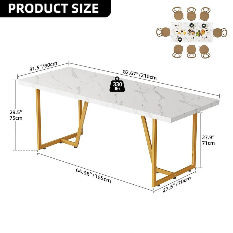 Table à manger rectangulaire en faux marbre de 208 cm pour 8-10 personnes avec pieds en métal