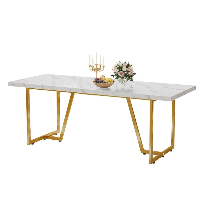 Table à manger rectangulaire en faux marbre de 208 cm pour 8-10 personnes avec pieds en métal