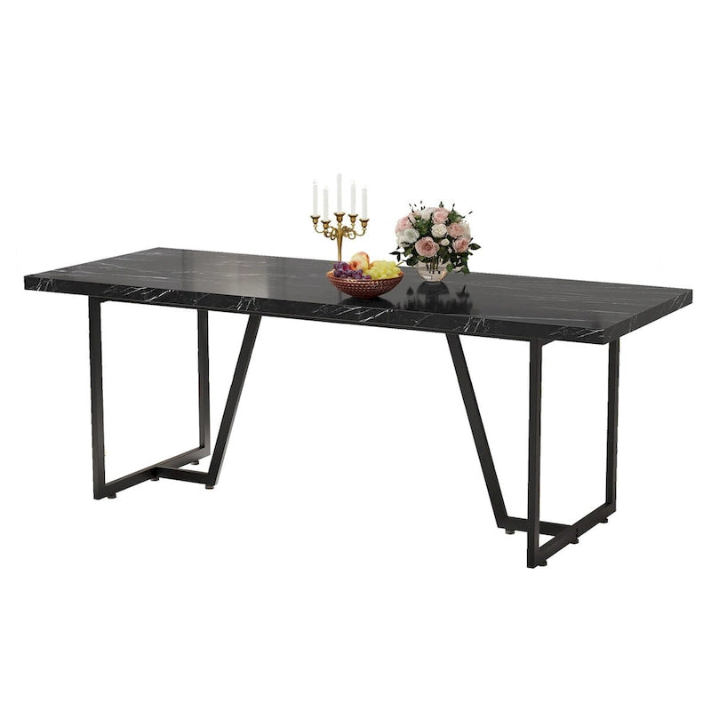 Table à manger rectangulaire en faux marbre de 208 cm pour 8-10 personnes avec pieds en métal