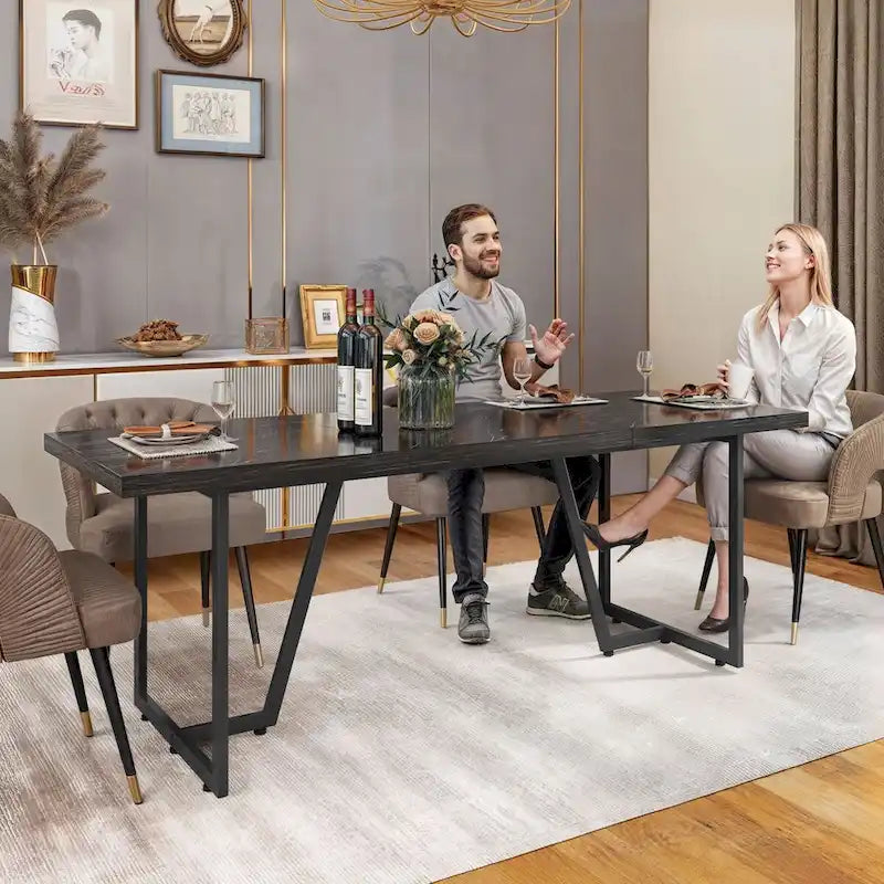Table à manger rectangulaire en faux marbre de 208 cm pour 8-10 personnes avec pieds en métal