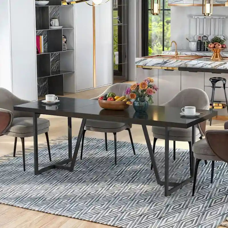 Table à manger rectangulaire en faux marbre de 208 cm pour 8-10 personnes avec pieds en métal