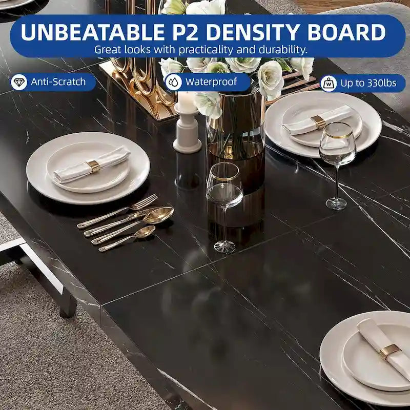Table à manger rectangulaire en faux marbre de 208 cm pour 8-10 personnes avec pieds en métal