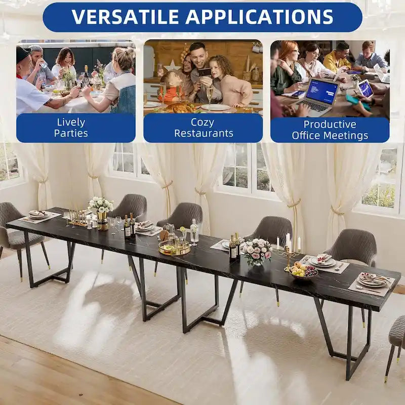 Table à manger rectangulaire en faux marbre de 208 cm pour 8-10 personnes avec pieds en métal