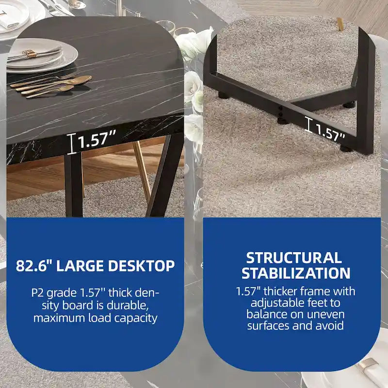 Table à manger rectangulaire en faux marbre de 208 cm pour 8-10 personnes avec pieds en métal