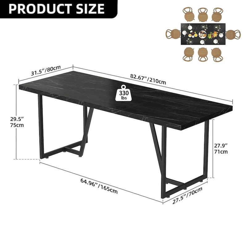 Table à manger rectangulaire en faux marbre de 208 cm pour 8-10 personnes avec pieds en métal