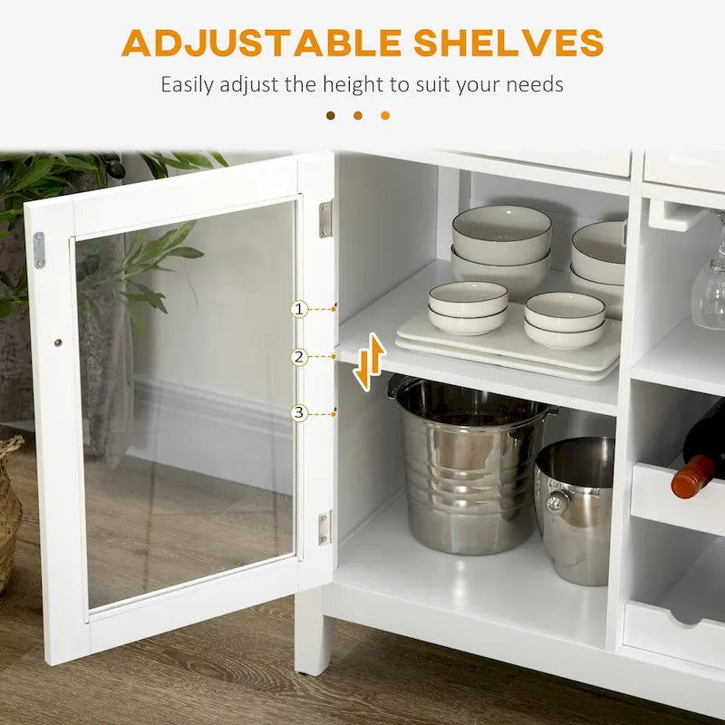 Meuble de Bar à Café avec 3 Tiroirs, Rangement pour 6 Bouteilles de Vin, Porte-Verres, Porte Vitrée, Buffet, Meuble à Vin