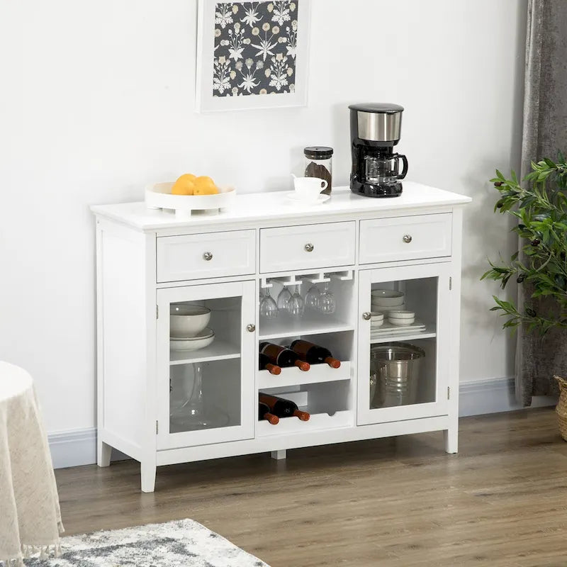Meuble de Bar à Café avec 3 Tiroirs, Rangement pour 6 Bouteilles de Vin, Porte-Verres, Porte Vitrée, Buffet, Meuble à Vin