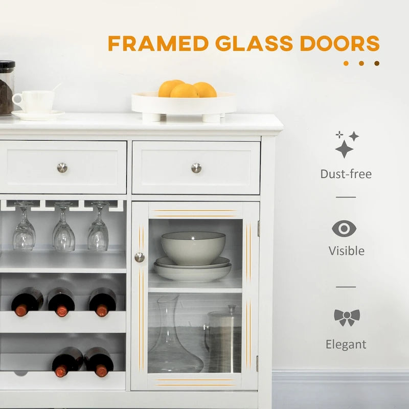 Meuble de Bar à Café avec 3 Tiroirs, Rangement pour 6 Bouteilles de Vin, Porte-Verres, Porte Vitrée, Buffet, Meuble à Vin