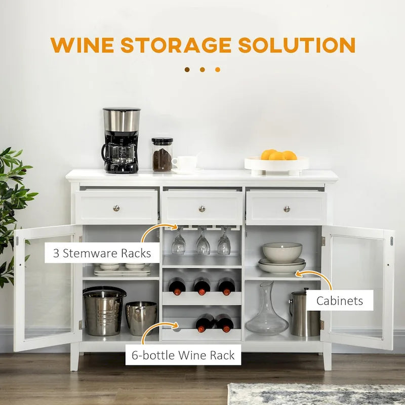 Meuble de Bar à Café avec 3 Tiroirs, Rangement pour 6 Bouteilles de Vin, Porte-Verres, Porte Vitrée, Buffet, Meuble à Vin