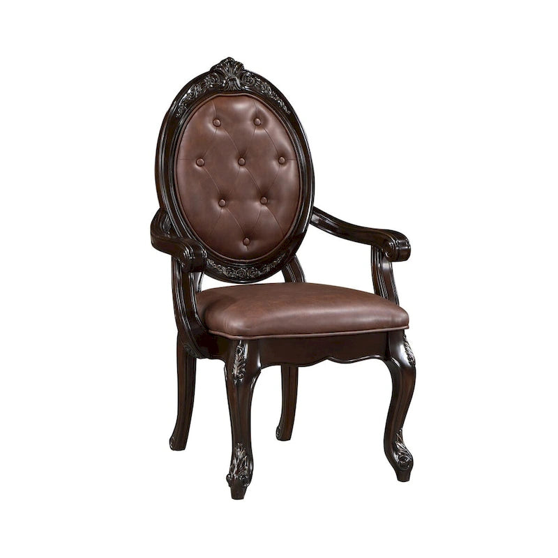 Fauteuil de salle à manger 24 pouces, détails sculptés, assise en similicuir, marron