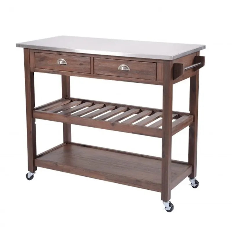 Chariot de cuisine en bois à 2 tiroirs avec plateau en métal et roulettes, gris et marron