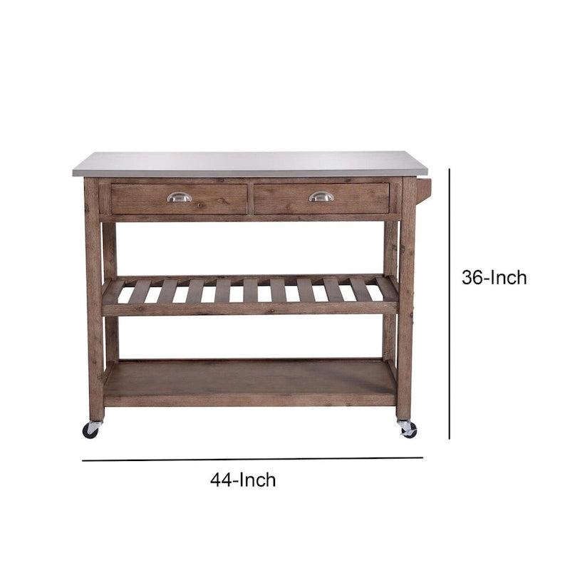 Chariot de cuisine en bois à 2 tiroirs avec plateau en métal et roulettes, gris et marron