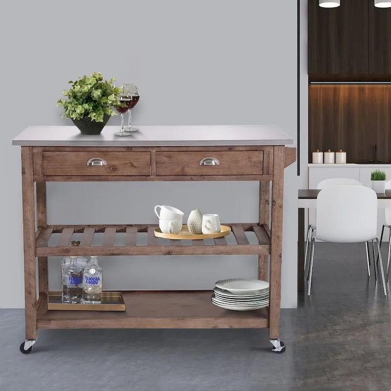 Chariot de cuisine en bois à 2 tiroirs avec plateau en métal et roulettes, gris et marron