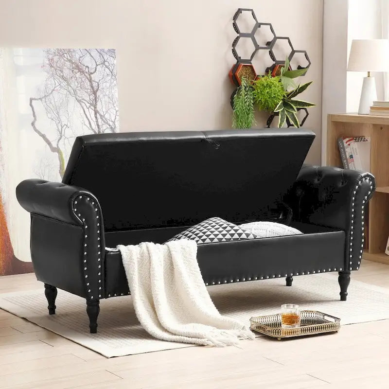 Banc de rangement ottoman en cuir 63 avec 1 oreiller, charnière de sécurité et boutons touffetés cloutés