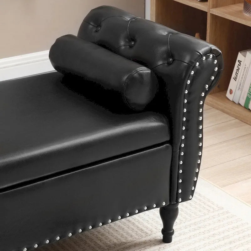 Banc de rangement ottoman en cuir 63 avec 1 oreiller, charnière de sécurité et boutons touffetés cloutés