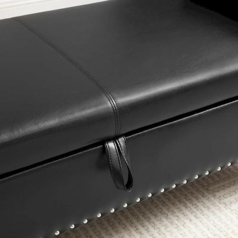 Banc de rangement ottoman en cuir 63 avec 1 oreiller, charnière de sécurité et boutons touffetés cloutés