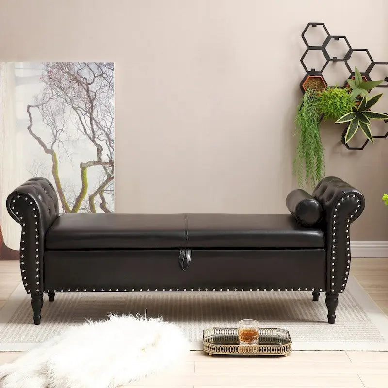 Banc de rangement ottoman en cuir 63 avec 1 oreiller, charnière de sécurité et boutons touffetés cloutés