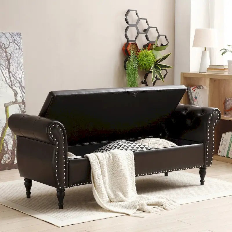 Banc de rangement ottoman en cuir 63 avec 1 oreiller, charnière de sécurité et boutons touffetés cloutés