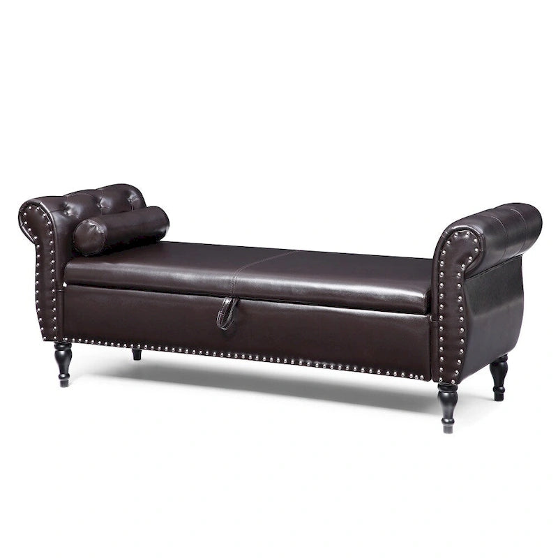 Banc de rangement ottoman en cuir 63 avec 1 oreiller, charnière de sécurité et boutons touffetés cloutés