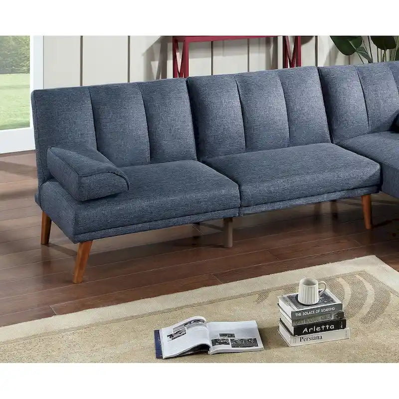Canapé d'angle 3 places en tissu mélangé de polyester avec pieds en bois massif et méridienne réglable