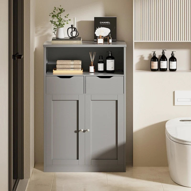 Meuble de rangement de salle de bain autoportant avec 2 tiroirs et armoire de rangement