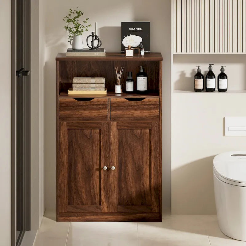 Meuble de rangement de salle de bain autoportant avec 2 tiroirs et armoire de rangement