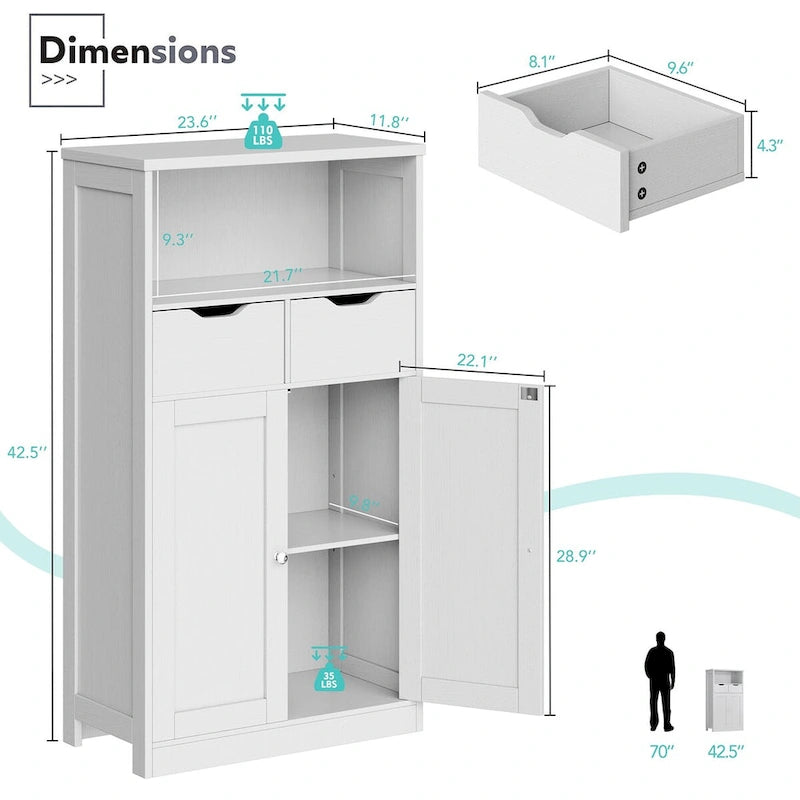 Meuble de rangement de salle de bain autoportant avec 2 tiroirs et armoire de rangement