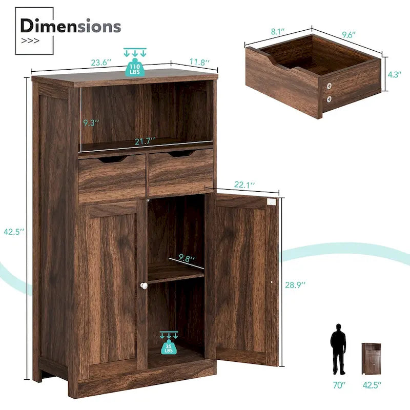 Meuble de rangement de salle de bain autoportant avec 2 tiroirs et armoire de rangement