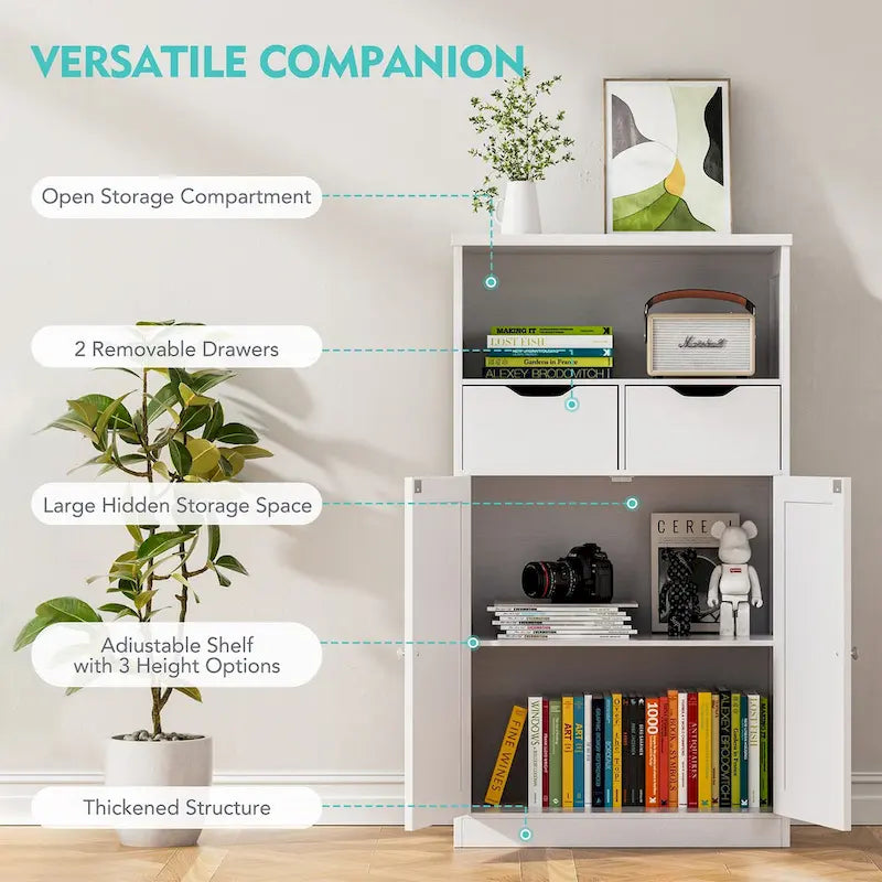 Meuble de rangement de salle de bain autoportant avec 2 tiroirs et armoire de rangement