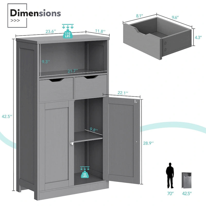 Meuble de rangement de salle de bain autoportant avec 2 tiroirs et armoire de rangement