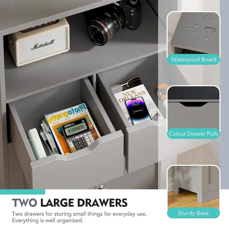 Meuble de rangement de salle de bain autoportant avec 2 tiroirs et armoire de rangement