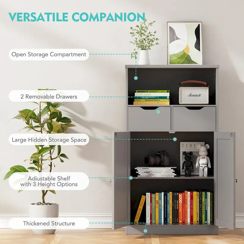 Meuble de rangement de salle de bain autoportant avec 2 tiroirs et armoire de rangement